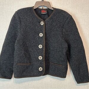 Arber Gray Wool Blazer Textured with Brown Trim and Decorative Buttons 10